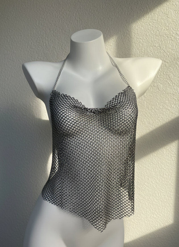 Top brillante de tirantes con malla de pedrería