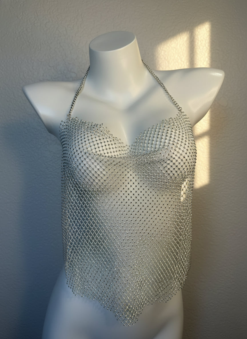 Top brillante de tirantes con malla de pedrería